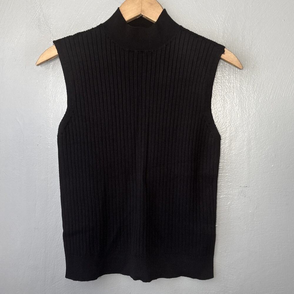Black Sleeveless Ribbed Knit Sweater Size Medium Mock Neck Minimalist Career
